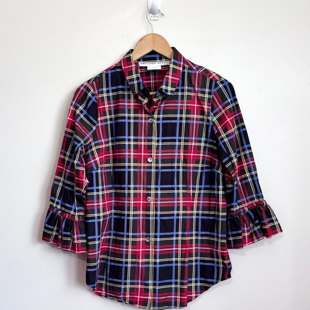 Gretchen Scott Women Plaid Top Medium Red Ruffle Cotton Holiday Christmas Preppy